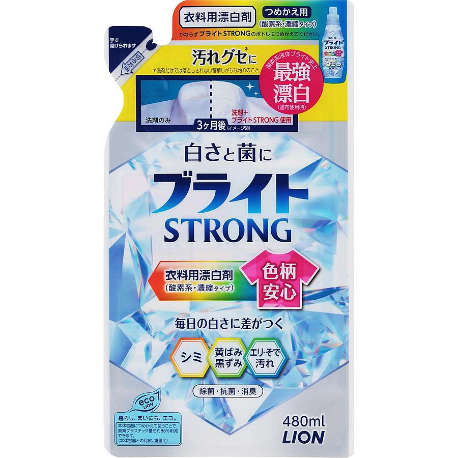 LION Bright Strong, сменная упаковка, 480 мл. Lion Гель-отбеливатель кислородный для стойких загрязнений, с антибактериальным эффектом