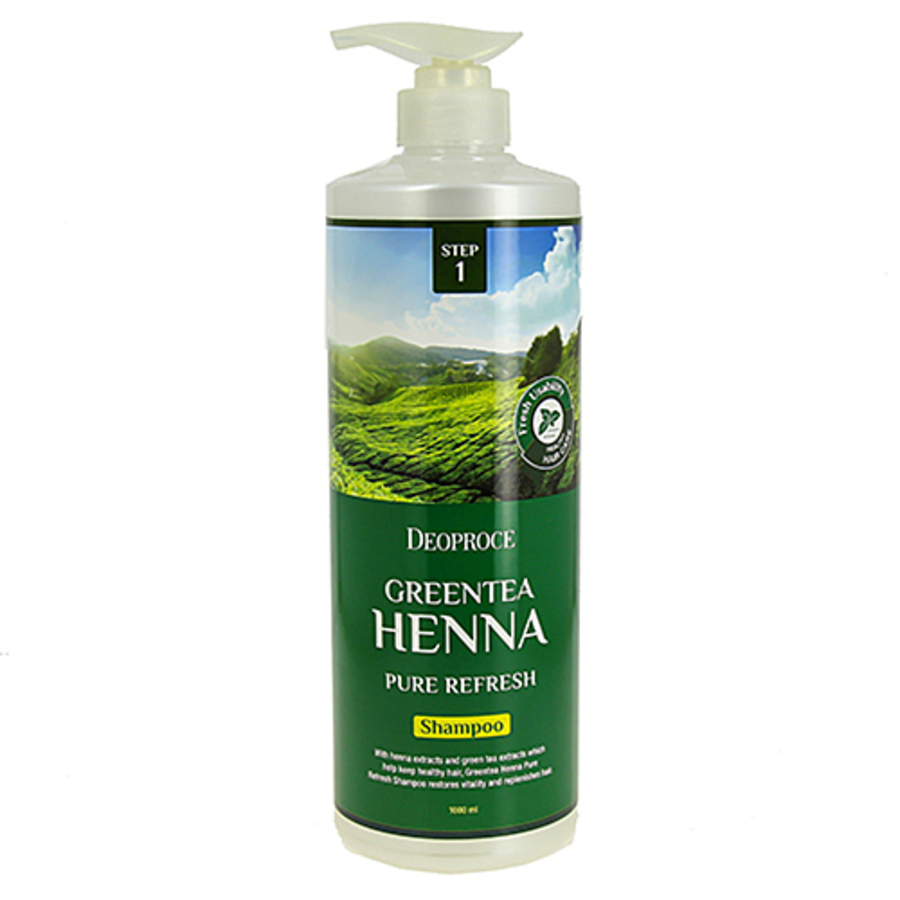 DEOPROCE Green Tea Henna Pure Refresh Shampoo, 1000мл. Deoproce Шампунь для волос укрепляющий с зелёным чаем и бесцветной хной