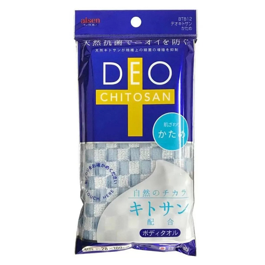 AISEN Deo-chitosan, 28*100см Aisen Мочалка массажная с хитозаном и и дезодорирующим эффектом, жесткая, бело-голубая