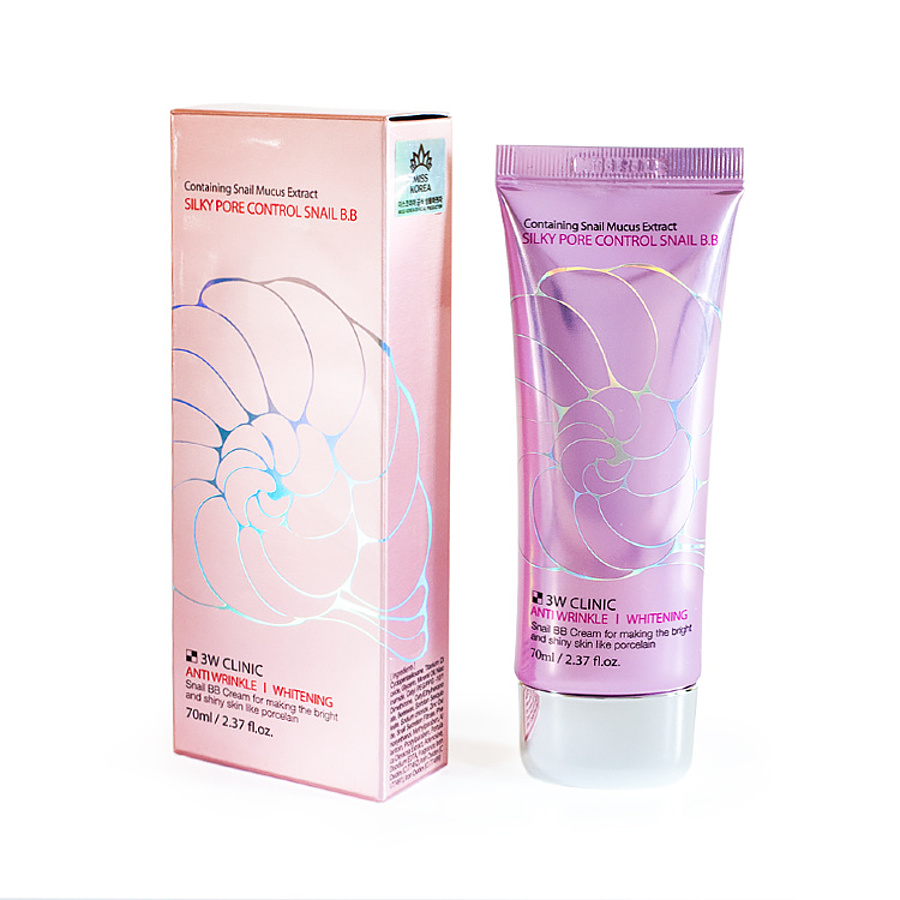 3W CLINIC Silky Pore Control BB Cream (Pink), 70мл. ББ-крем для лица матирующий с муцином улитки