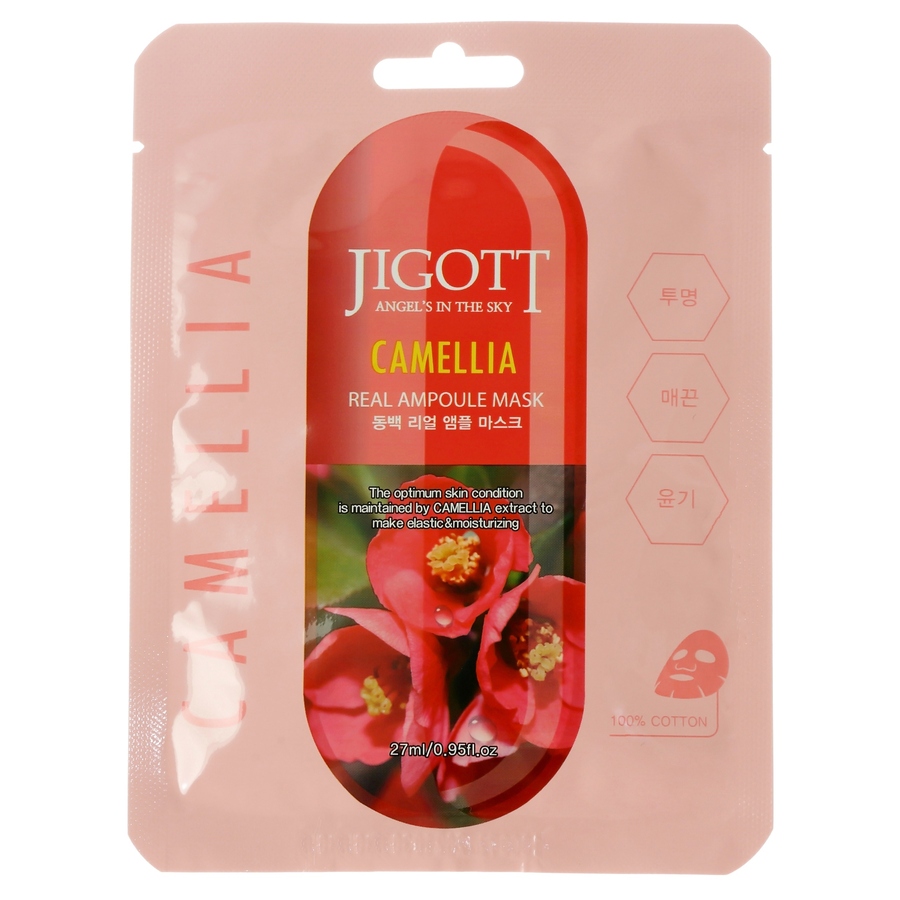 JIGOTT Jigott Camellia Real Ampoule Mask, 27мл. Маска для лица тканевая апульная с экстрактом камелии