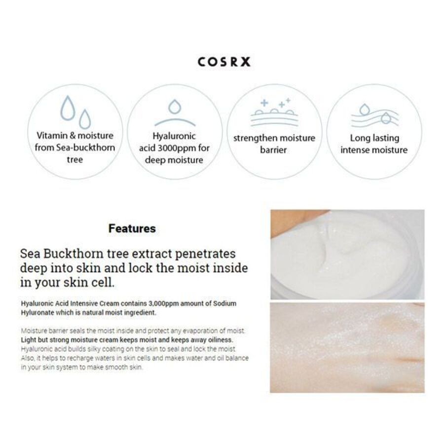 COSRX Hyaluronic Acid Intensive Cream, 100мл. Крем для лица увлажняющий с облепихой и гиалуроновой кислотой