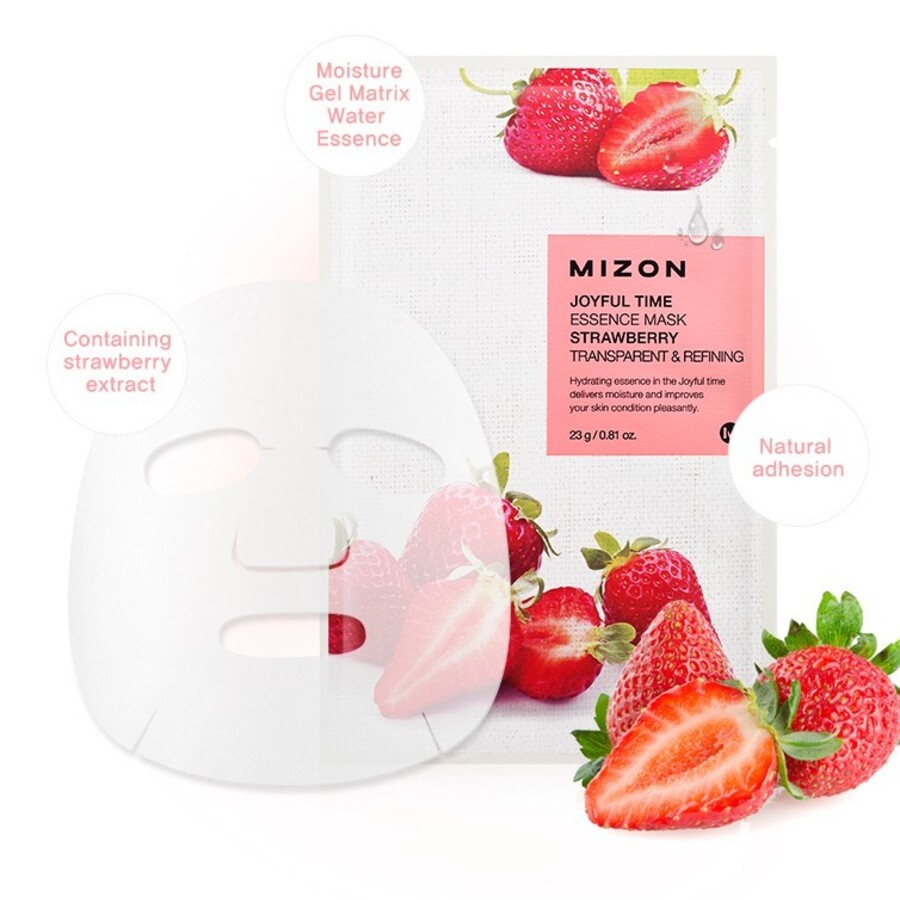 MIZON Mizon Joyful Time Essence Mask Strawberry, 23гр. Маска для лица тканевая увлажняющая с экстрактом клубники