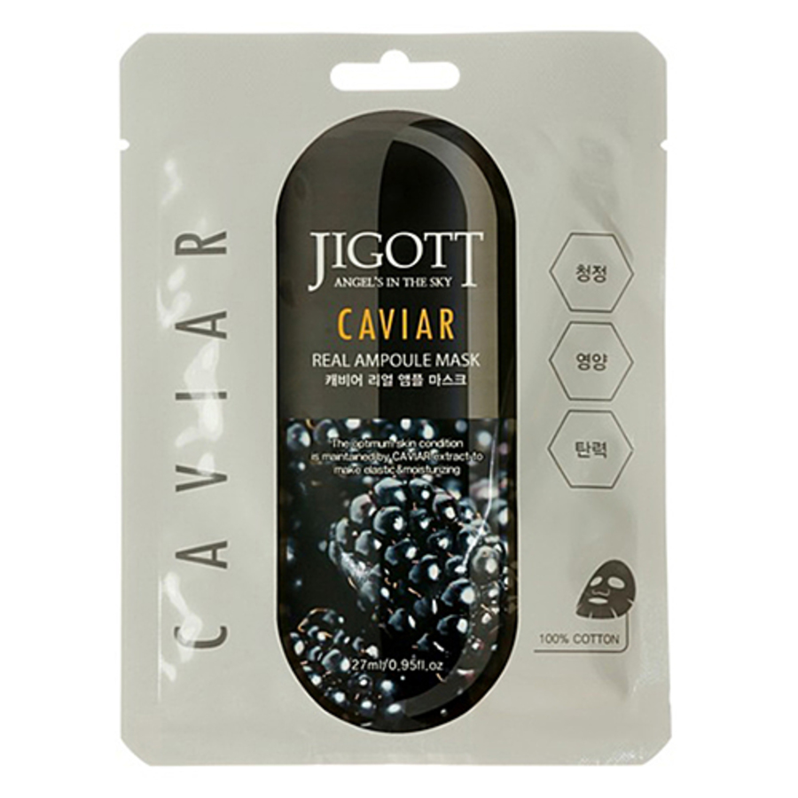 JIGOTT Jigott Caviar Real Ampoule Mask, 27мл. Маска для лица тканевая ампульная с экстрактом икры