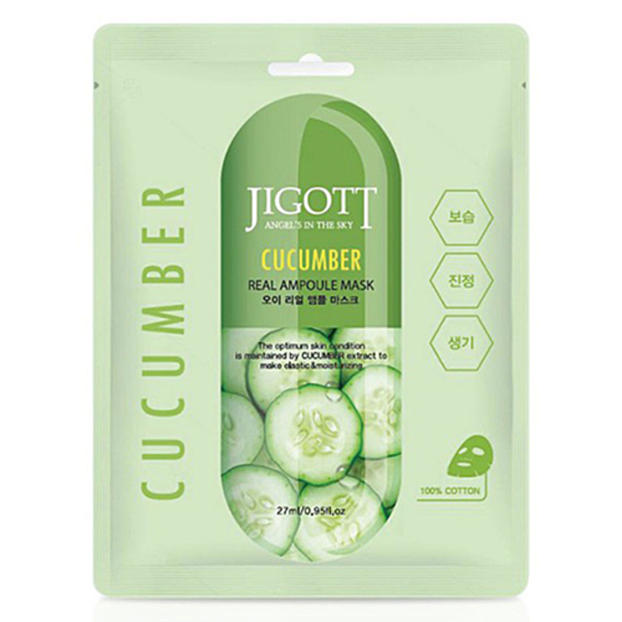 JIGOTT Jigott Cucumber Real Ampoule Mask, 27мл. Маска для лица тканевая ампульная с экстрактом огурца