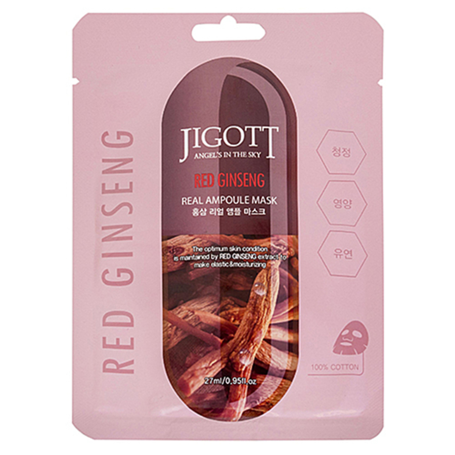 JIGOTT Jigott Red Ginseng Real Ampoule Mask, 27мл. Маска для лица тканевая ампульная с экстрактом красного женьшеня