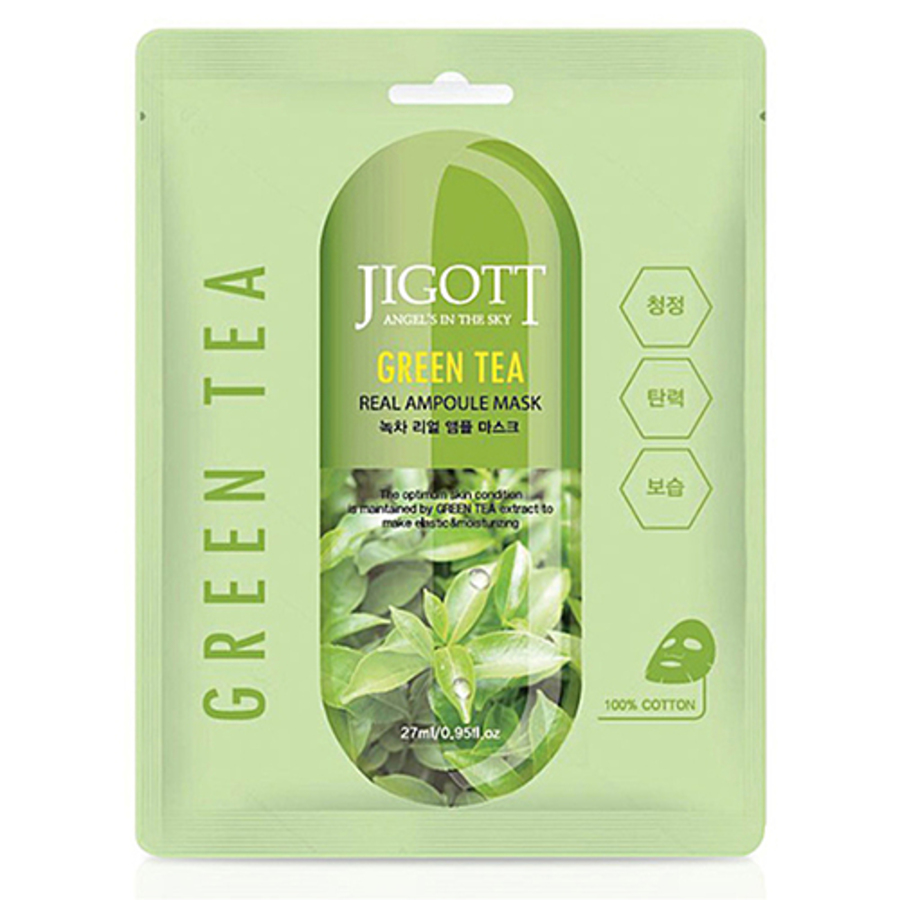 JIGOTT Jigott Green Tea Real Ampoule Mask, 27мл. Маска для жирной кожи лица тканевая ампульная с зеленым чаем