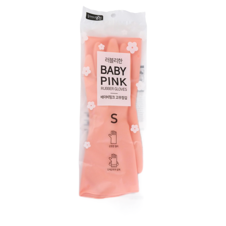 MYUNGJIN Rubber Glove Mj Pink, 1 пара Перчатки латексные хозяйственные розовые, размер S