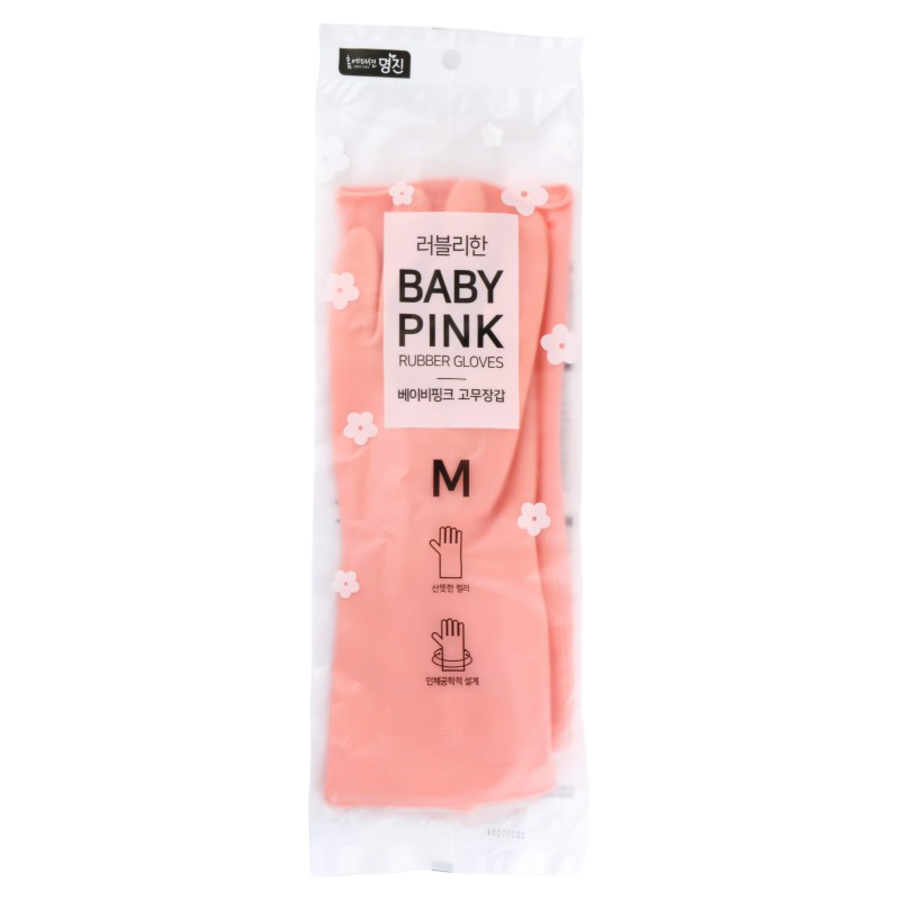 MYUNGJIN Rubber Glove Mj Pink, 1 пара Перчатки латексные хозяйственные розовые, размер M