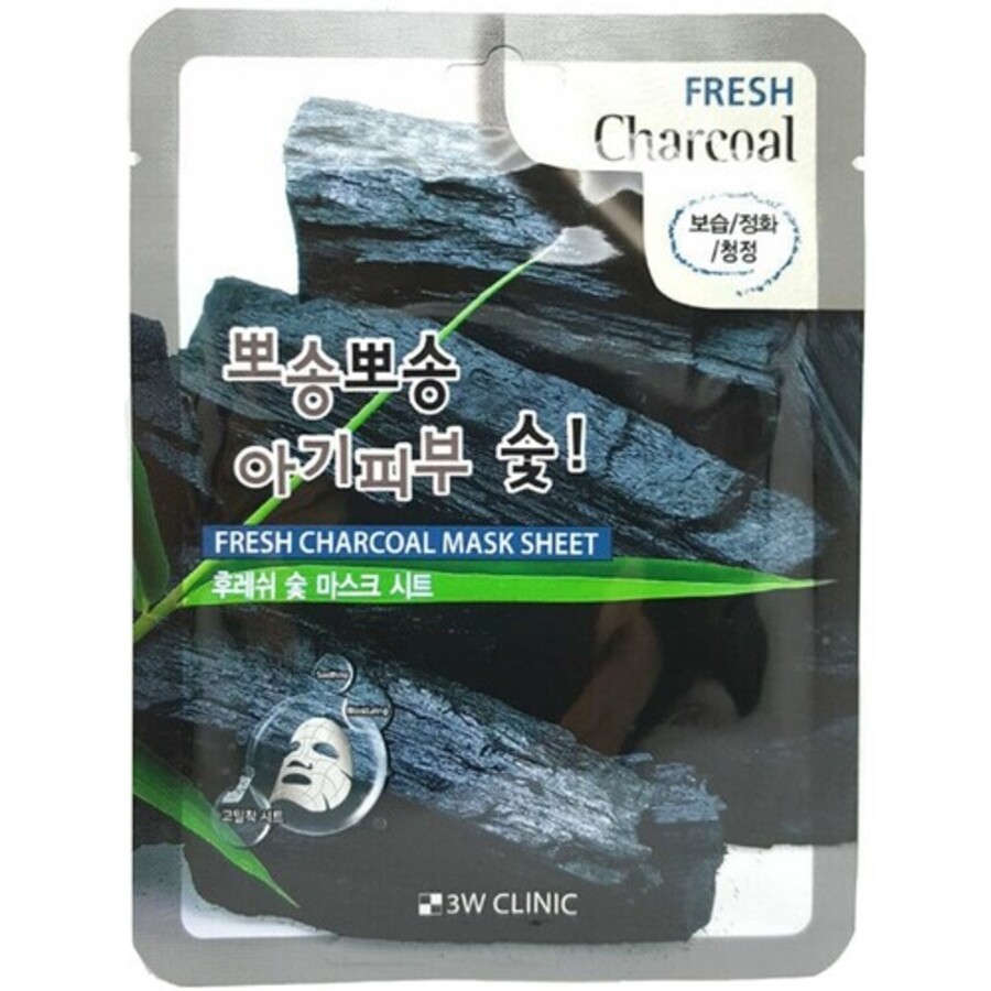 3W CLINIC Fresh Charcoal Mask Sheet, 23мл. Маска для лица тканевая с экрактом древесного угля