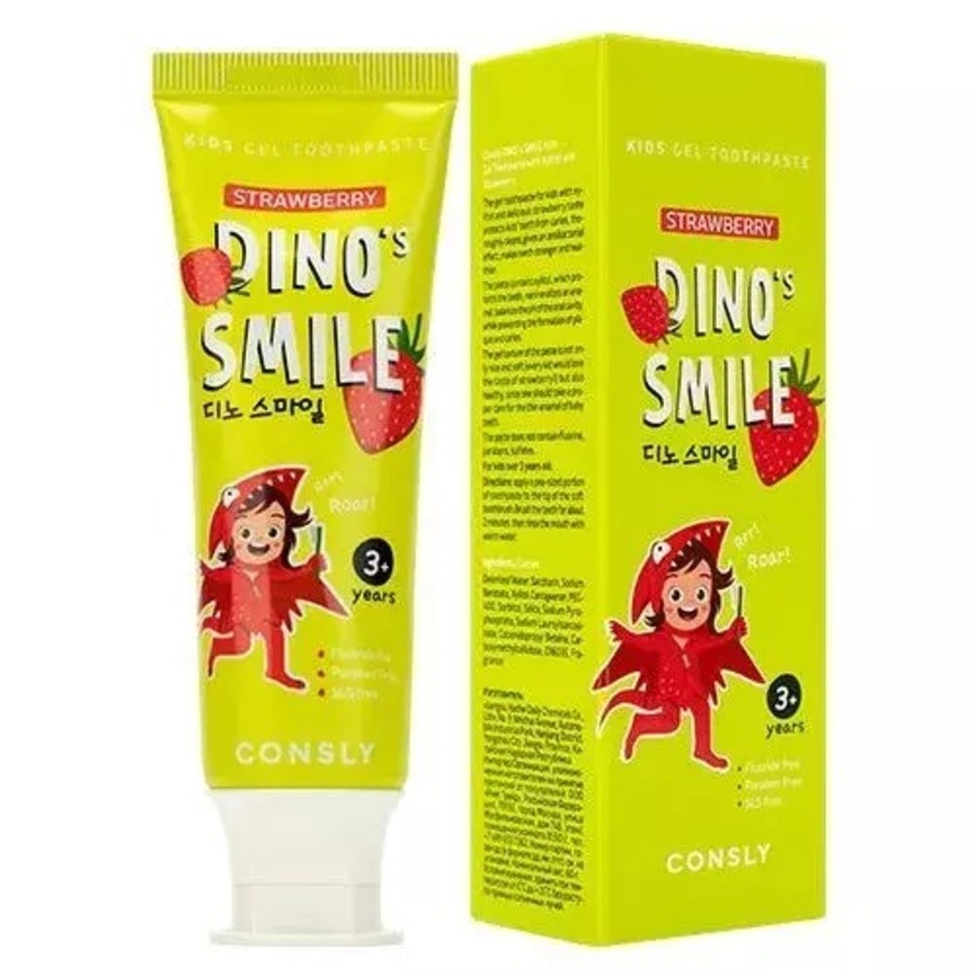CONSLY Dino's Smile Kids Gel Toothpaste With Xylitol And Strawberry, 60гр. Consly Паста зубная гелевая детская c ксилитом и вкусом клубники