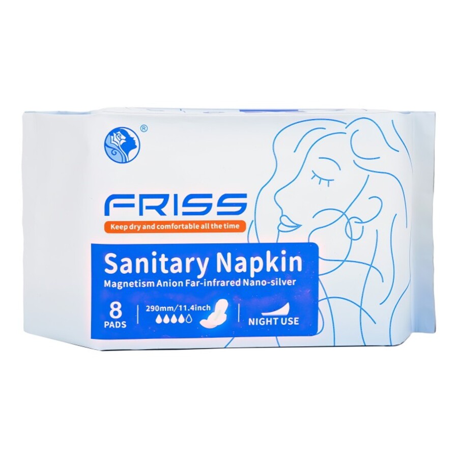 FRISS Sanitary Napkin, 8шт Friss Прокладки ночные с турмалином и наносеребром, 4 капли