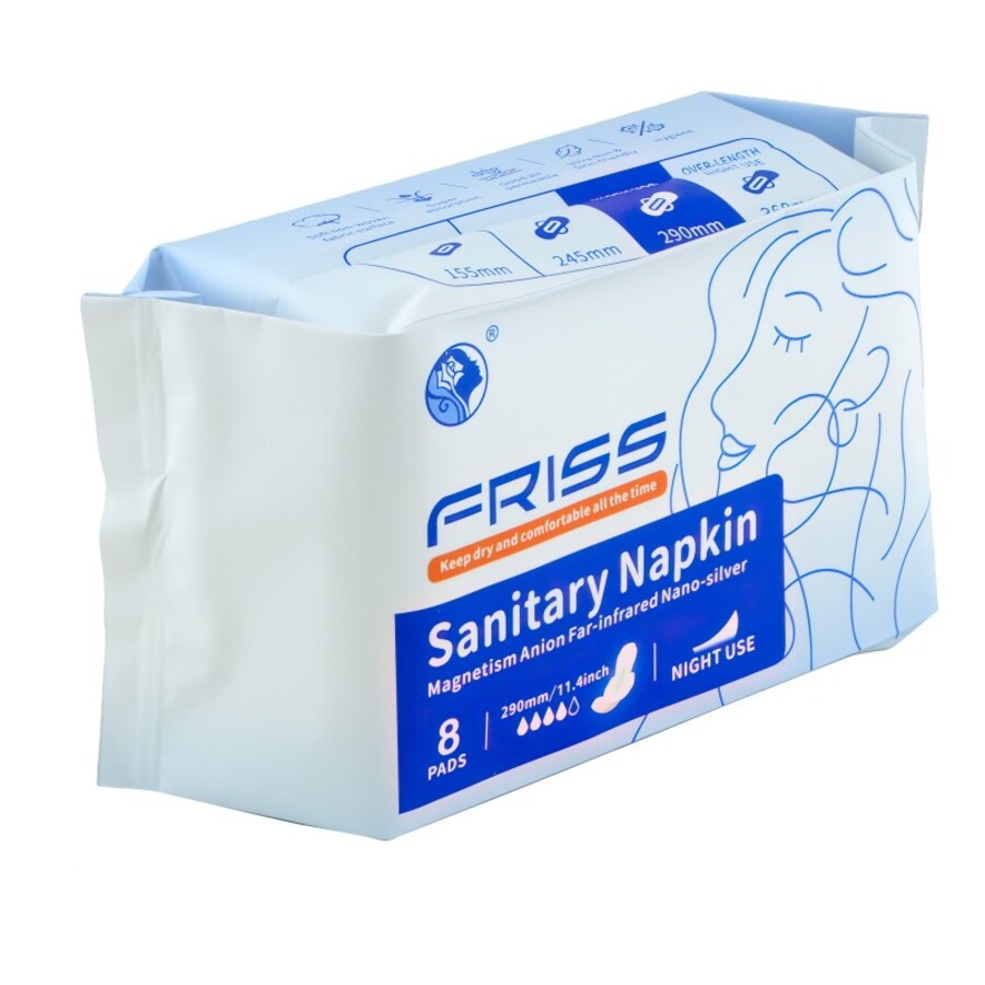 FRISS Sanitary Napkin, 8шт Friss Прокладки ночные с турмалином и наносеребром, 4 капли
