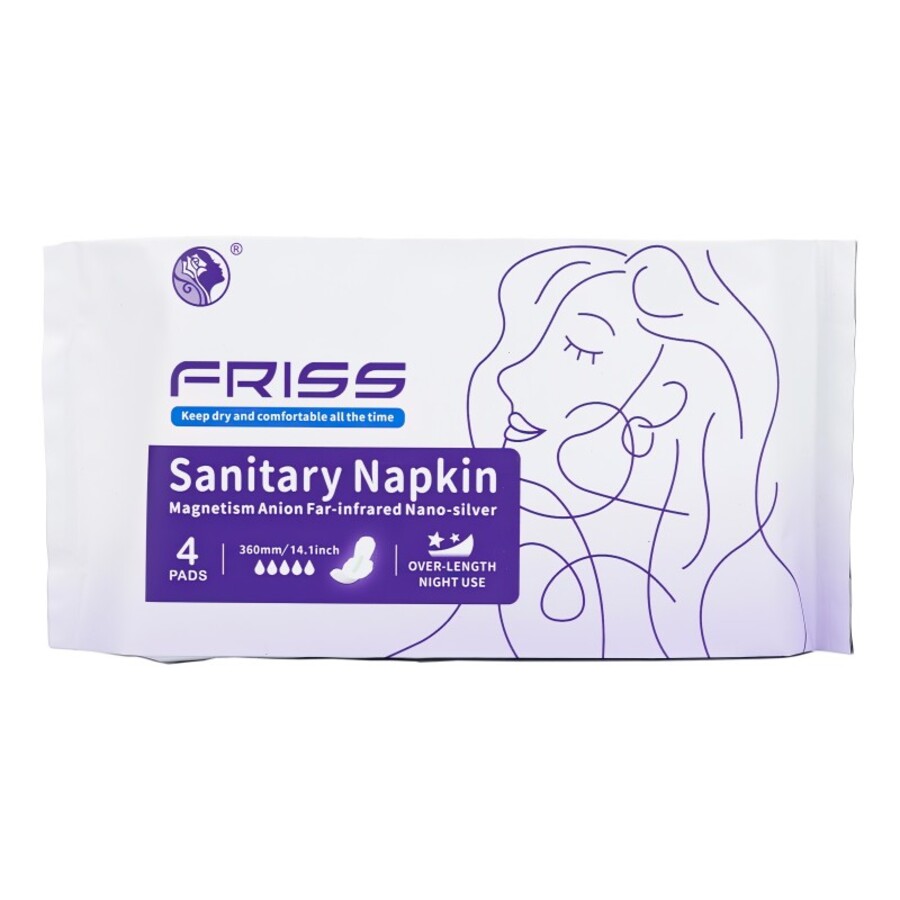 FRISS Sanitary Napkin, 4шт Friss Прокладки ночные с турмалином и наносеребром, 5 капель