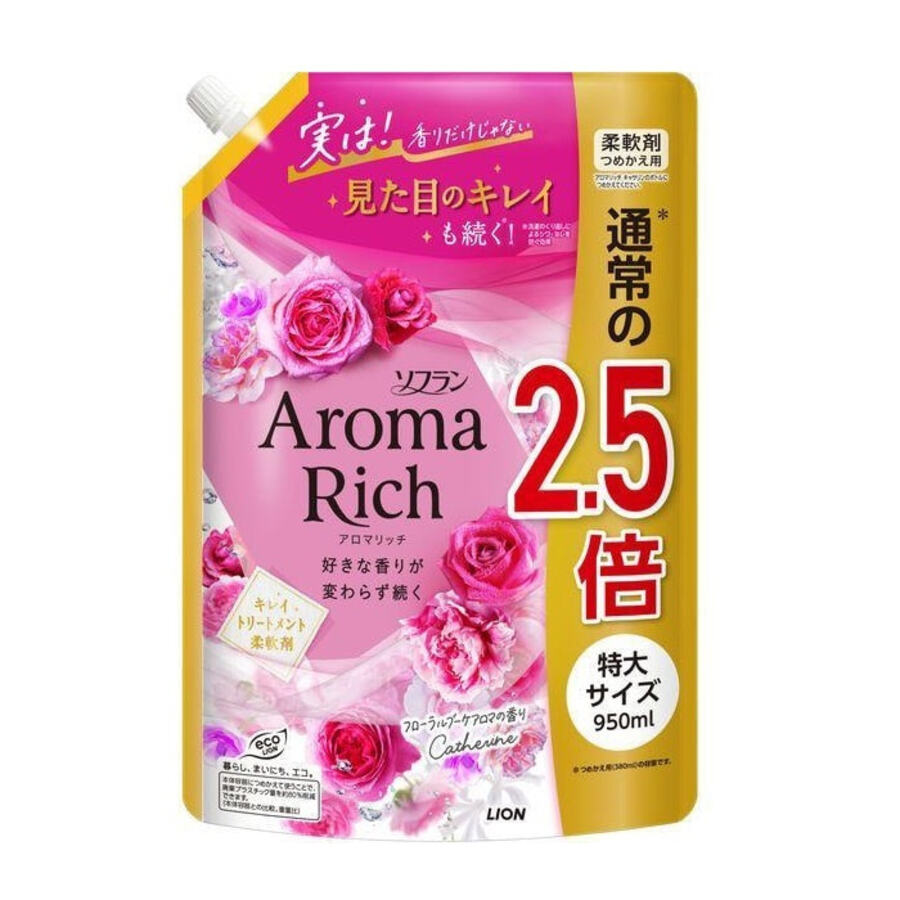LION Кондиционер для белья LION Aroma Rich с натуральными маслами, мягкая упаковка с крышкой 950 мл