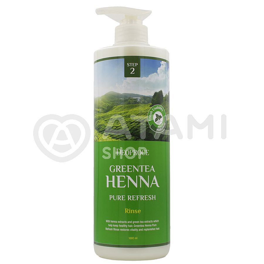 DEOPROCE Green Tea Henna Pure Refresh Rinse, 1000мл. Бальзам для волос укрепляющий с зелёным чаем и бесцветной хной