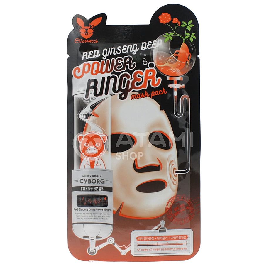 ELIZAVECCA Red Ginseng Deep Power Ringer Mask Pack, 23мл. Маска для лица тканевая регенерирующая с экстрактом женьшеня