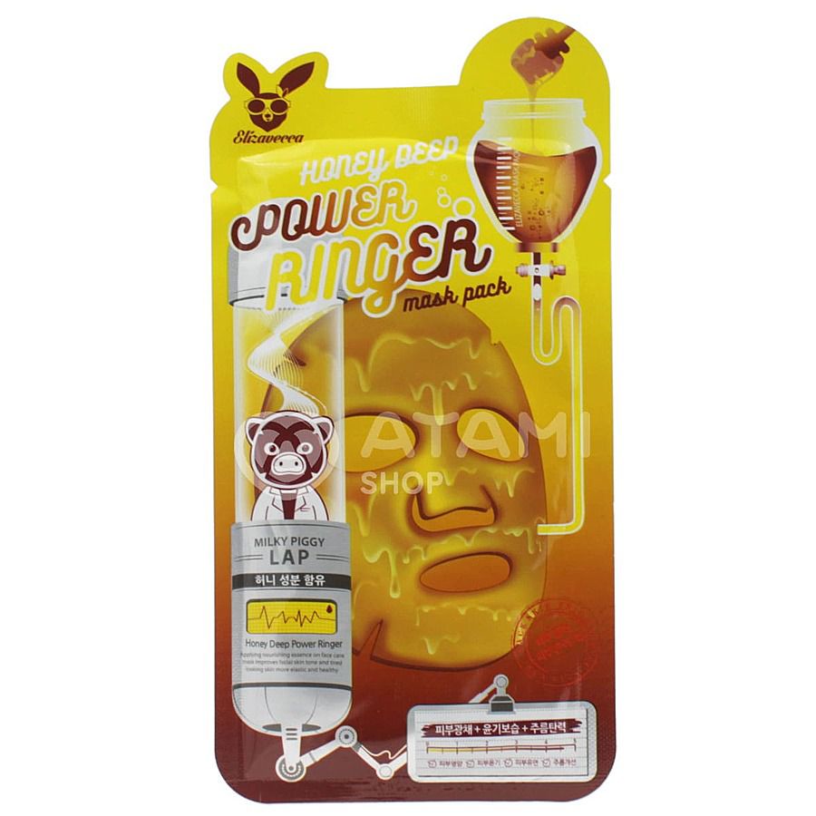ELIZAVECCA Honey Deep Power Ringer Mask Pack, 23мл. Маска для лица тканевая антибактериальная с мёдом