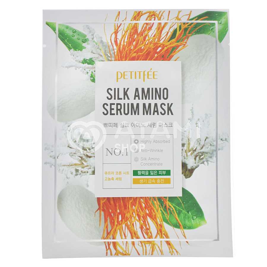 PETITFEE Silk Amino Serum Mask, 25гр. Маска для лица тканевая восстанавливающая с протеинами шелка