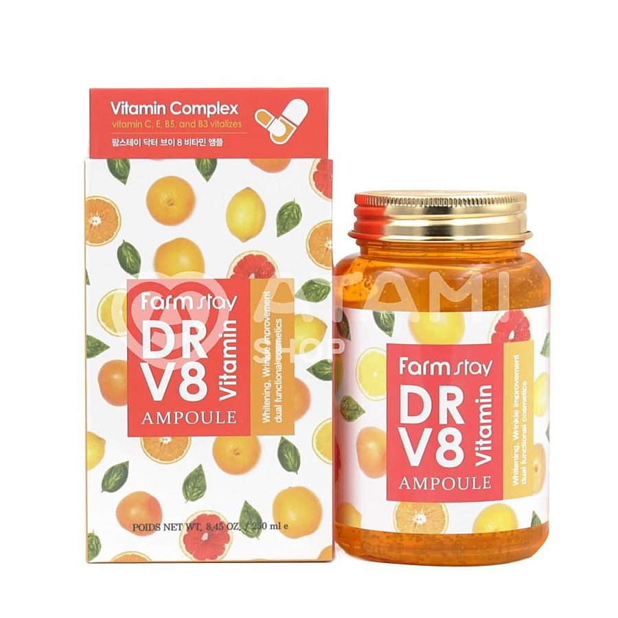 FARMSTAY Dr-V8 Vitamin Ampoule, 250мл. Сыворотка для лица ампульная с витаминами С, E, B5, B3