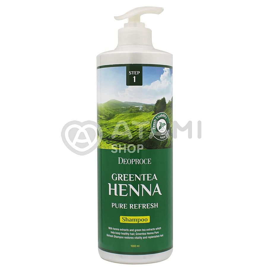 DEOPROCE Green Tea Henna Pure Refresh Shampoo, 1000мл. Шампунь для волос укрепляющий с зелёным чаем и бесцветной хной