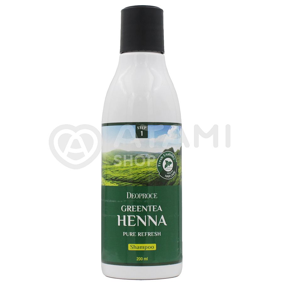DEOPROCE Green Tea Henna Pure Refresh Shampoo, 200мл. Шампунь для волос укрепляющий с зелёным чаем и бесцветной хной
