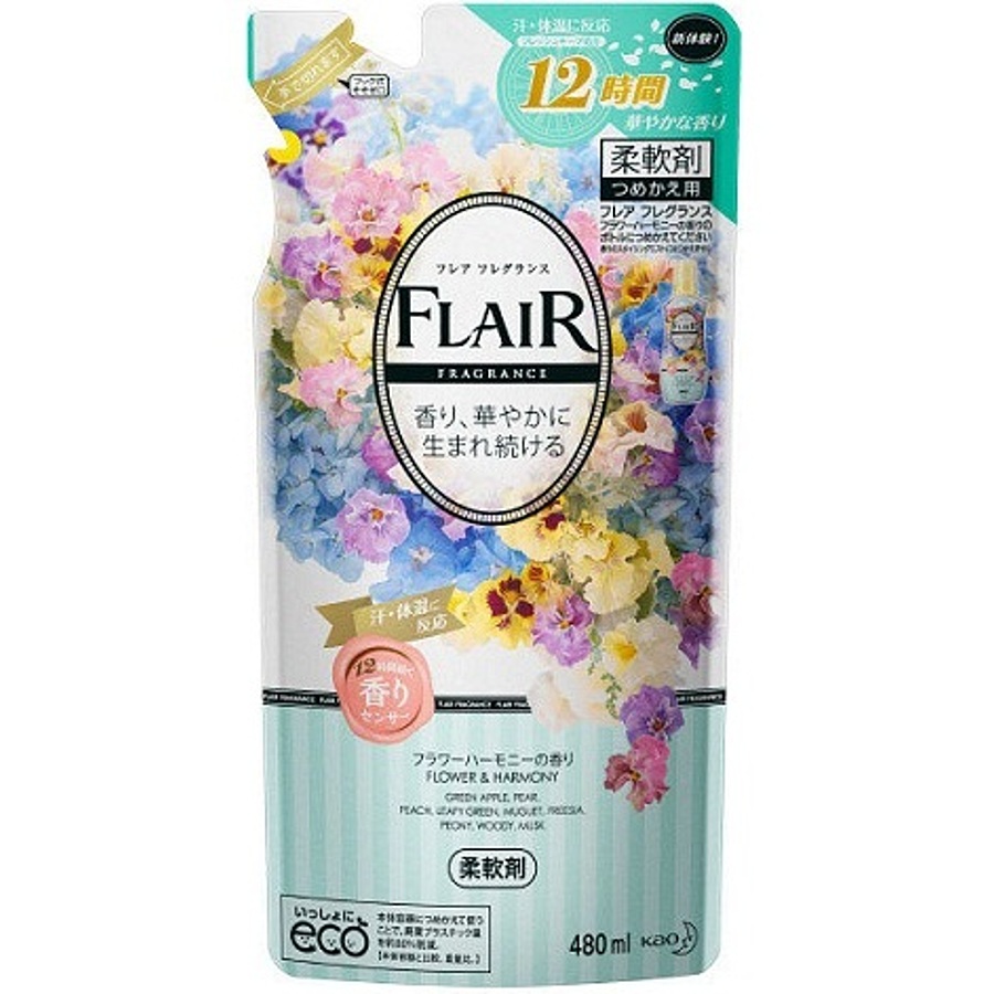 KAO Flair Fragrance Flower & Harmony, 480мл. Кондиционер для белья смягчающий с ароматом цветочной гармонии, сменная упаковка
