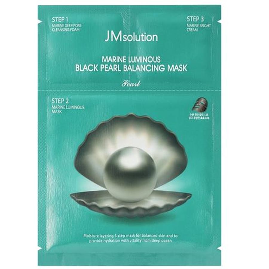 JM SOLUTION Marine Luminous Black Pearl Balancing Mask, 1шт. Маска для лица тканевая 3-х этапная для сияния кожи (пенка, тканевая маска, крем)