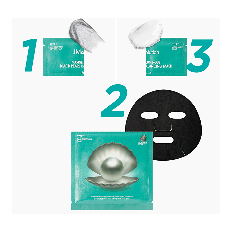 JM SOLUTION Marine Luminous Black Pearl Balancing Mask, 1шт. JMsolution Маска для лица тканевая 3-х этапная для сияния кожи (пенка, тканевая маска, крем)