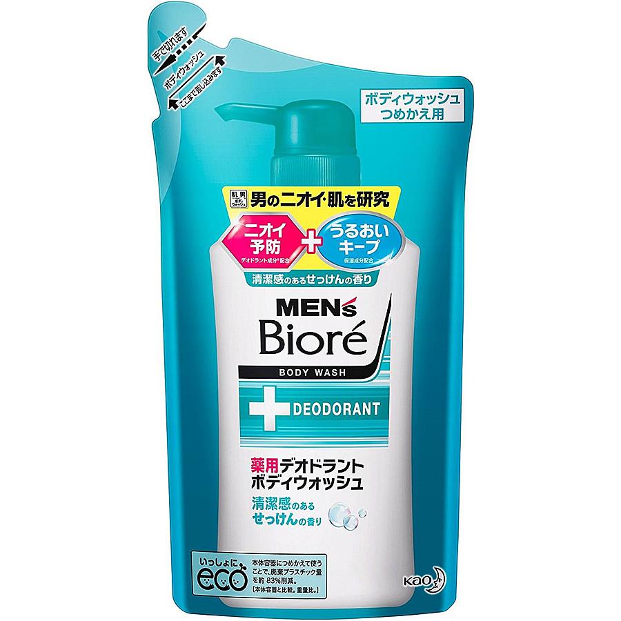 KAO Men's Biore, сменная упаковка, 380мл. Гель для душа мужской увлажняющий и дезодорирующий с ароматом нежного мыла