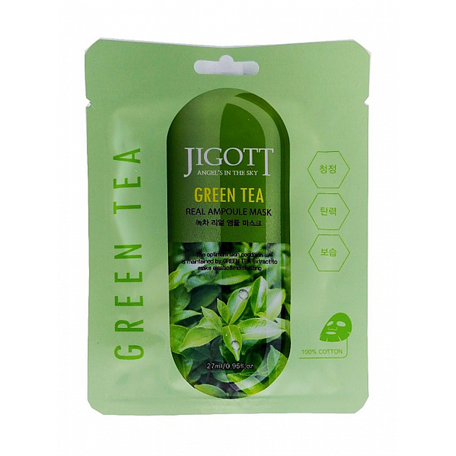 JIGOTT Jigott Green Tea Real Ampoule Mask, 27мл. Маска для жирной кожи лица тканевая ампульная с зеленым чаем