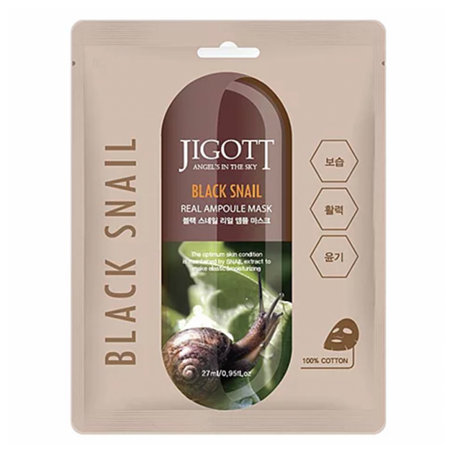 JIGOTT Jigott Black Snail Real Ampoule Mask, 27мл. Маска для лица тканевая восстанавливающая с муцином черной улитки