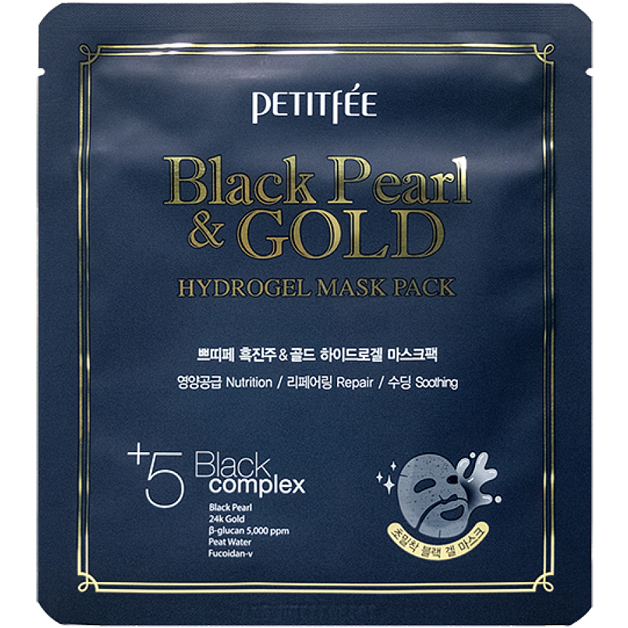 PETITFEE Black Pearl & Gold Hydrogel Mask Pack, 32гр. Маска для сияния кожи лица гидрогелевая с экстрактом жемчуга