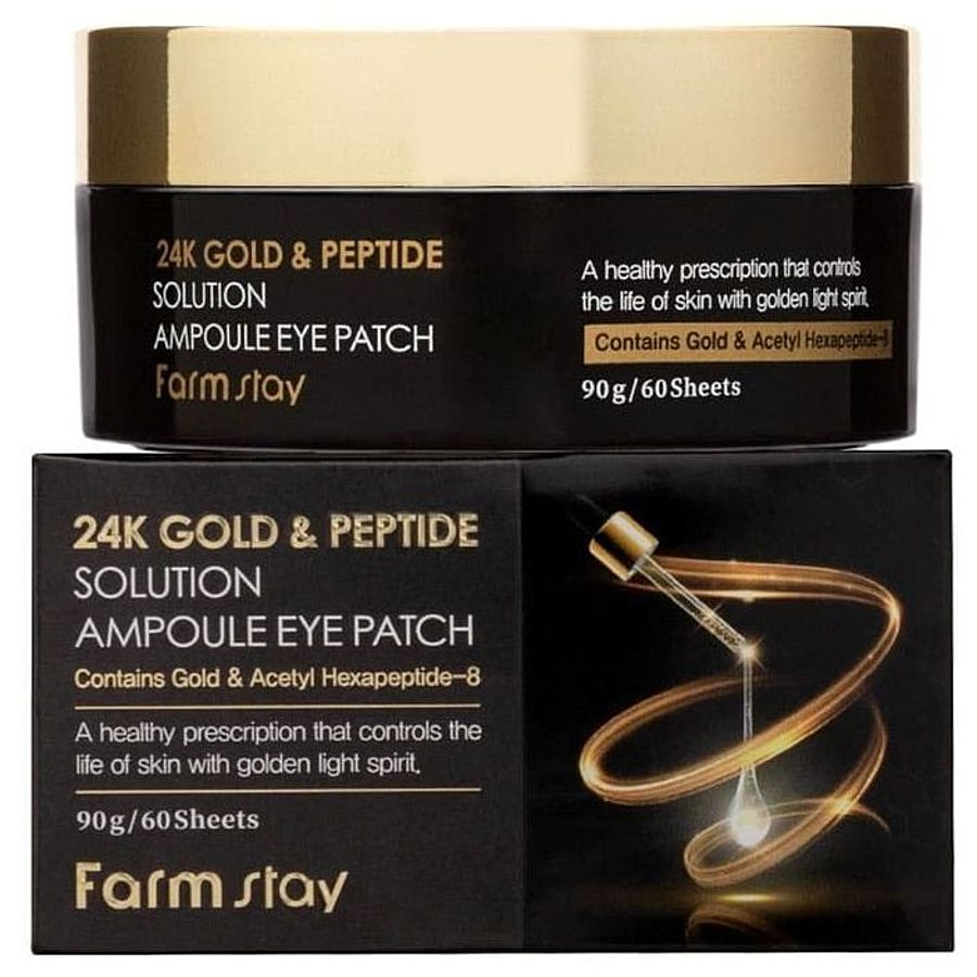 FARMSTAY 24K Gold & Peptide Solution Ampoule Eye Patch, 60шт. Патчи для глаз гидрогелевые антивозрастные с 24-х каратным золотом и пептидами