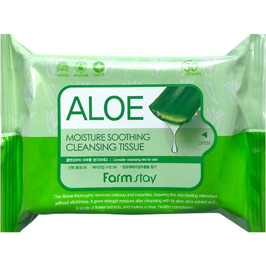 FARMSTAY Aloe Moisture Soothing Cleansing Tissue, 30шт. Салфетки для снятия макияжа и очищения кожи с экстрактом алоэ